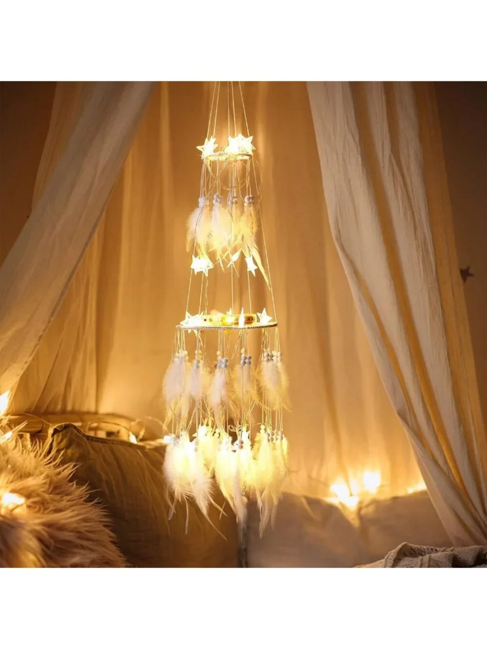 White Dream Catcher with LED Fairy Lights - Double Circle Boho Home Decor